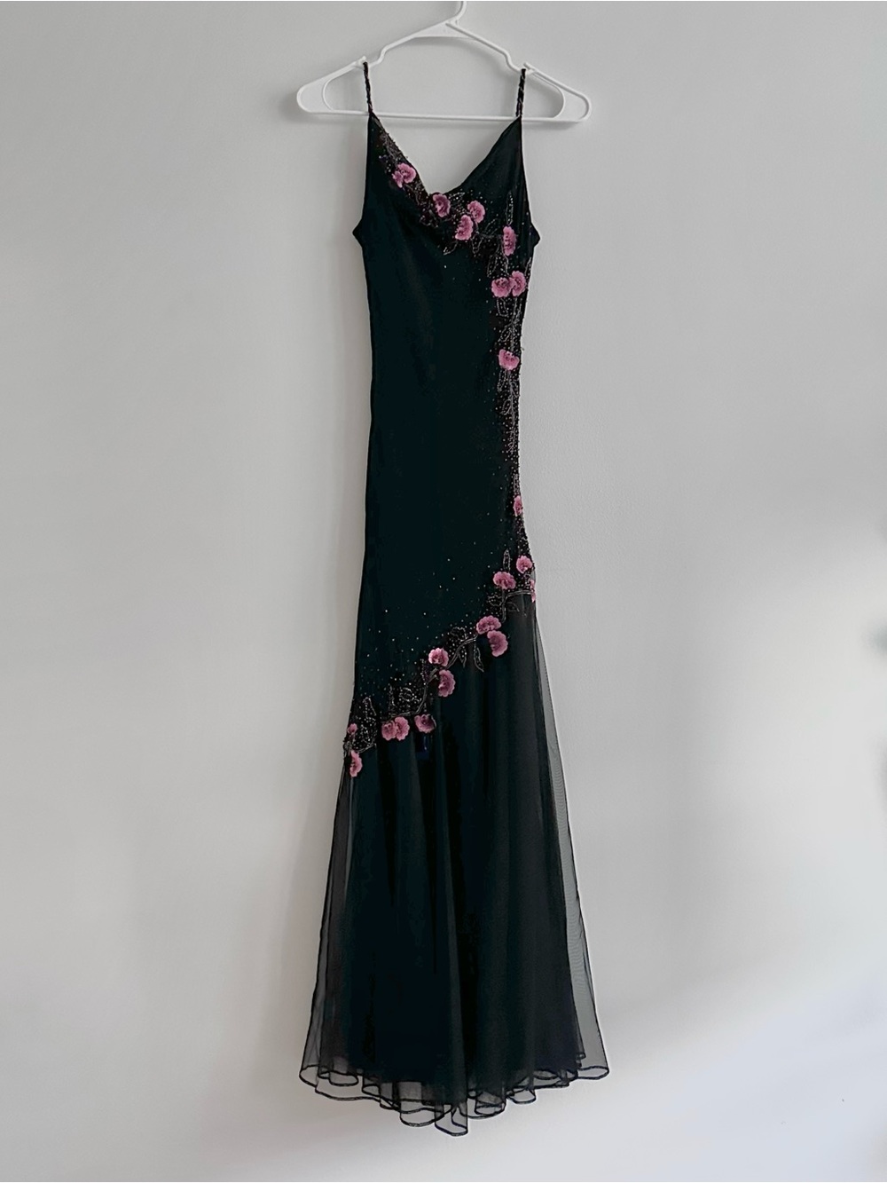 Vintage Y2K Xscape Black Silk Cowl Neck Floral Beaded Midi/Maxi Dress